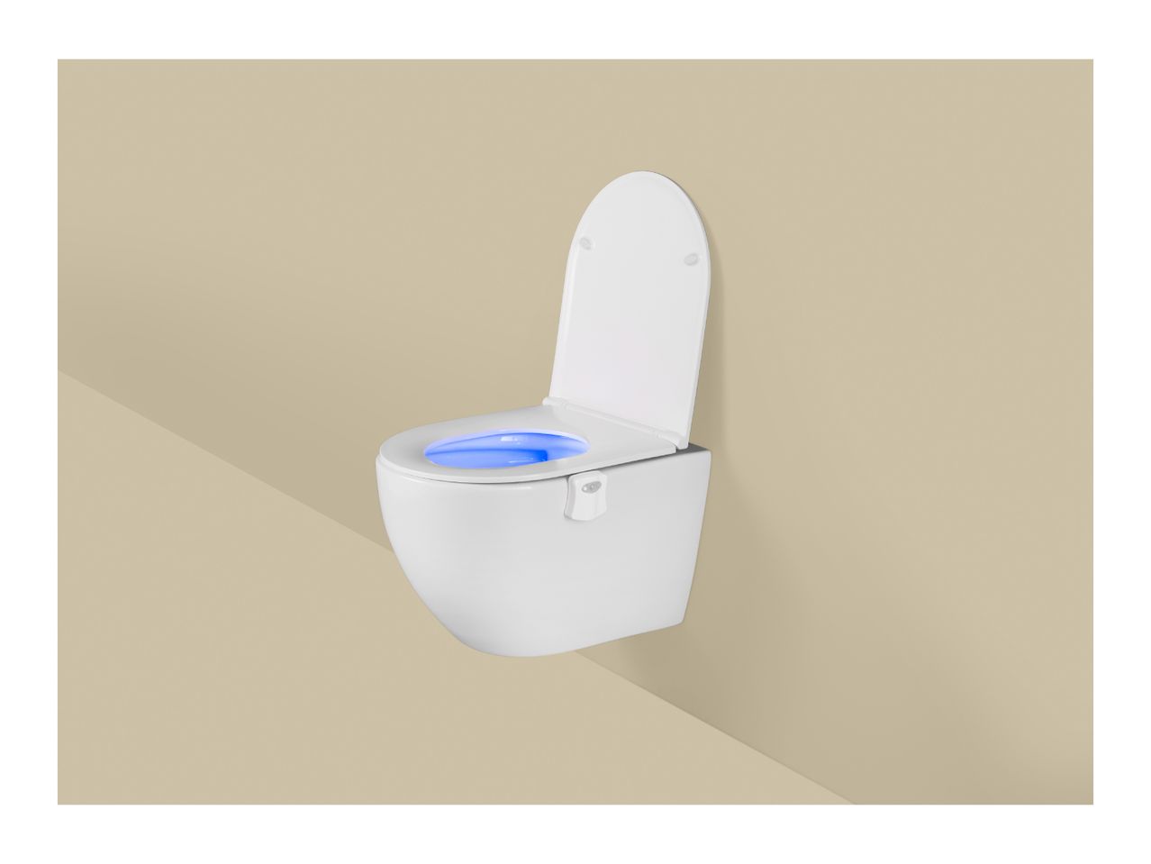 A white wall-mounted toilet with a blue illuminated bowl and an open lid.
