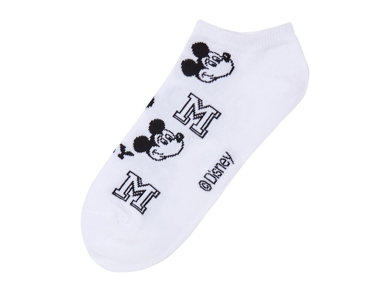 White socks featuring Mickey Mouse and the letter M.