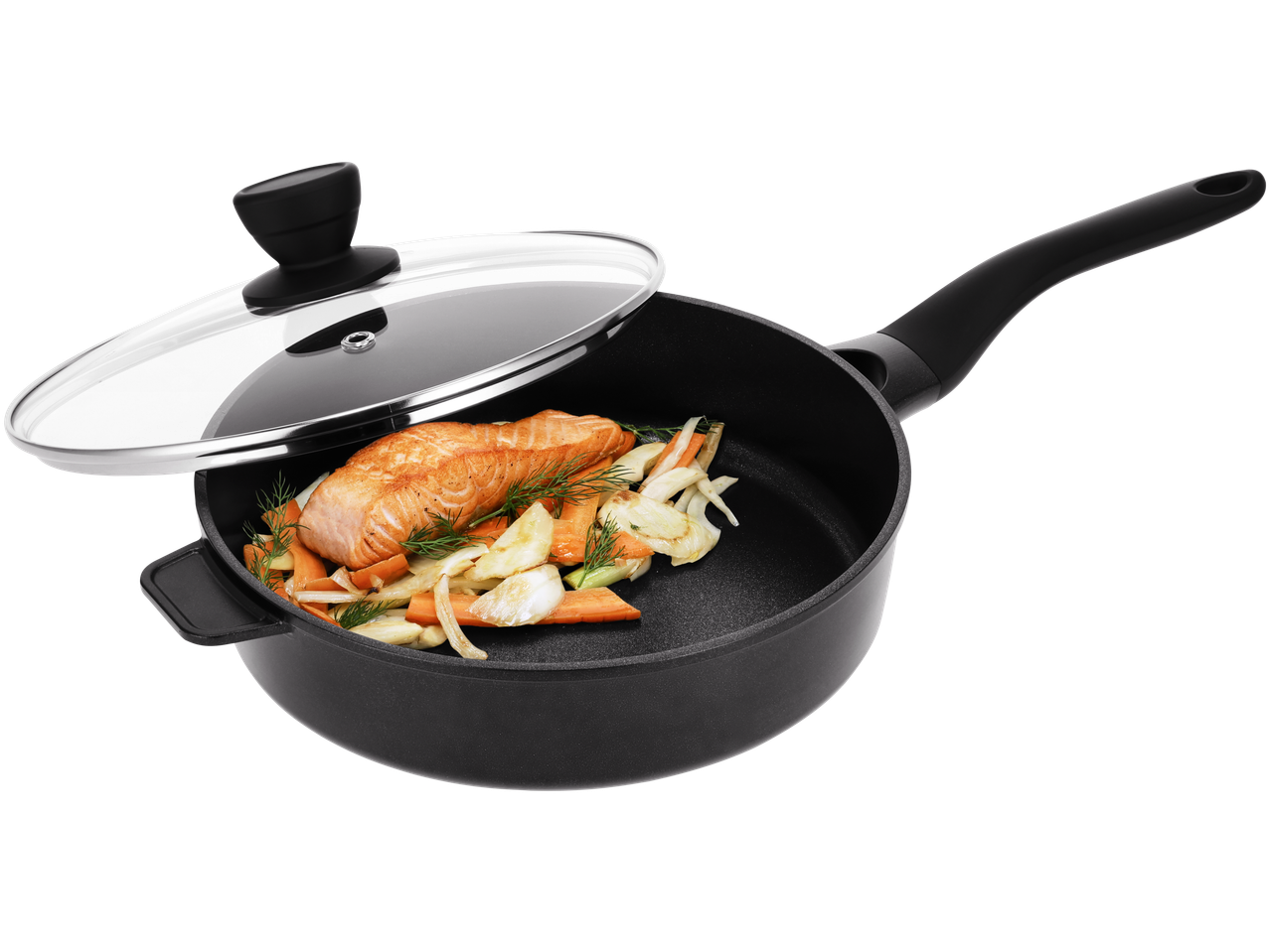 SILVERCREST® Cast Aluminium Sauté Pan with salmon and vegetables, lid ajar