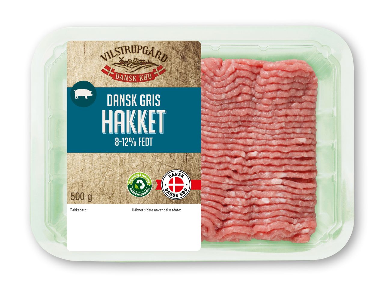 500g Vilstrupgaard hakket dansk gris (8-12% fedt) i plastbakke.