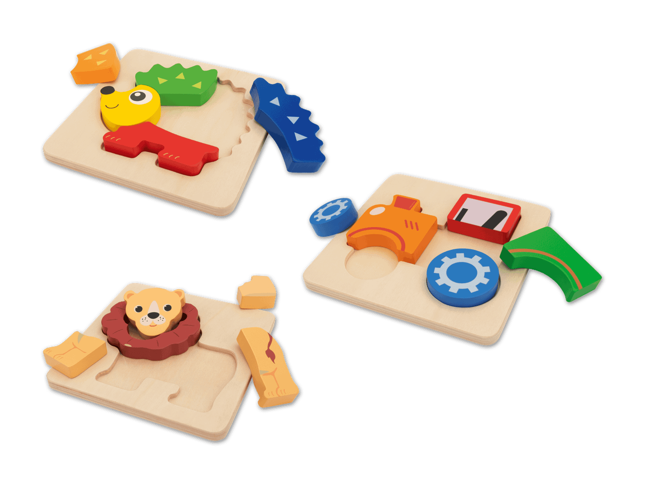 Drei bunte Holzpuzzles mit Tiermotiven und Formen für Kleinkinder.
