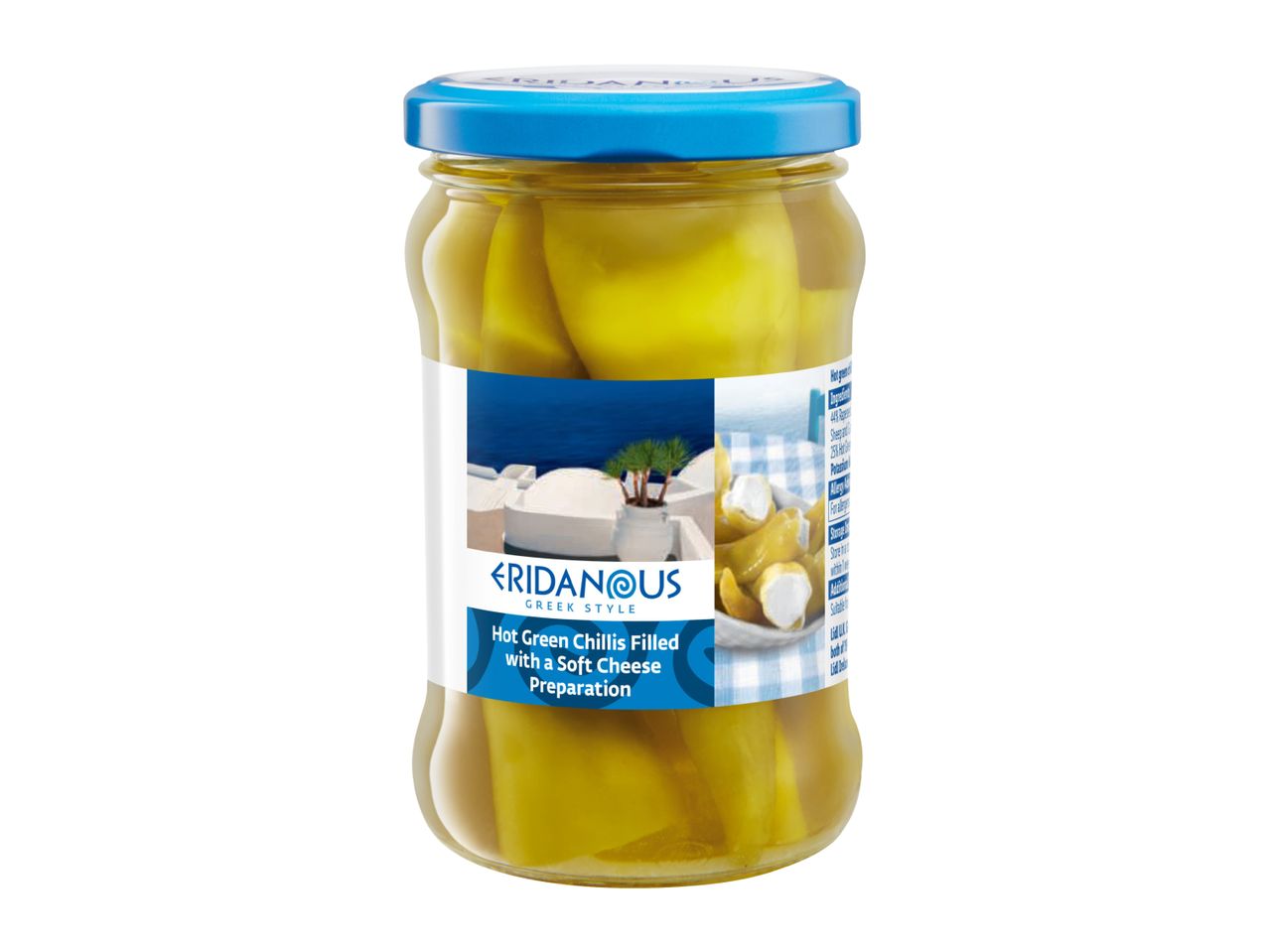 Eridanous Greek Style Hot Green Chillis Filled with a Soft Cheese Preparation in a jar.