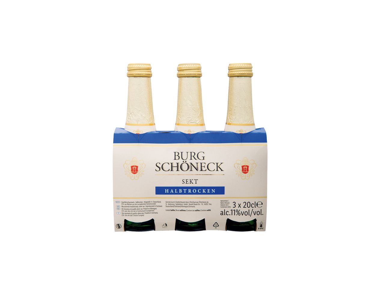 Trys Burg Schönneck Sekt Halbtrocken buteliukai pakuotėje.