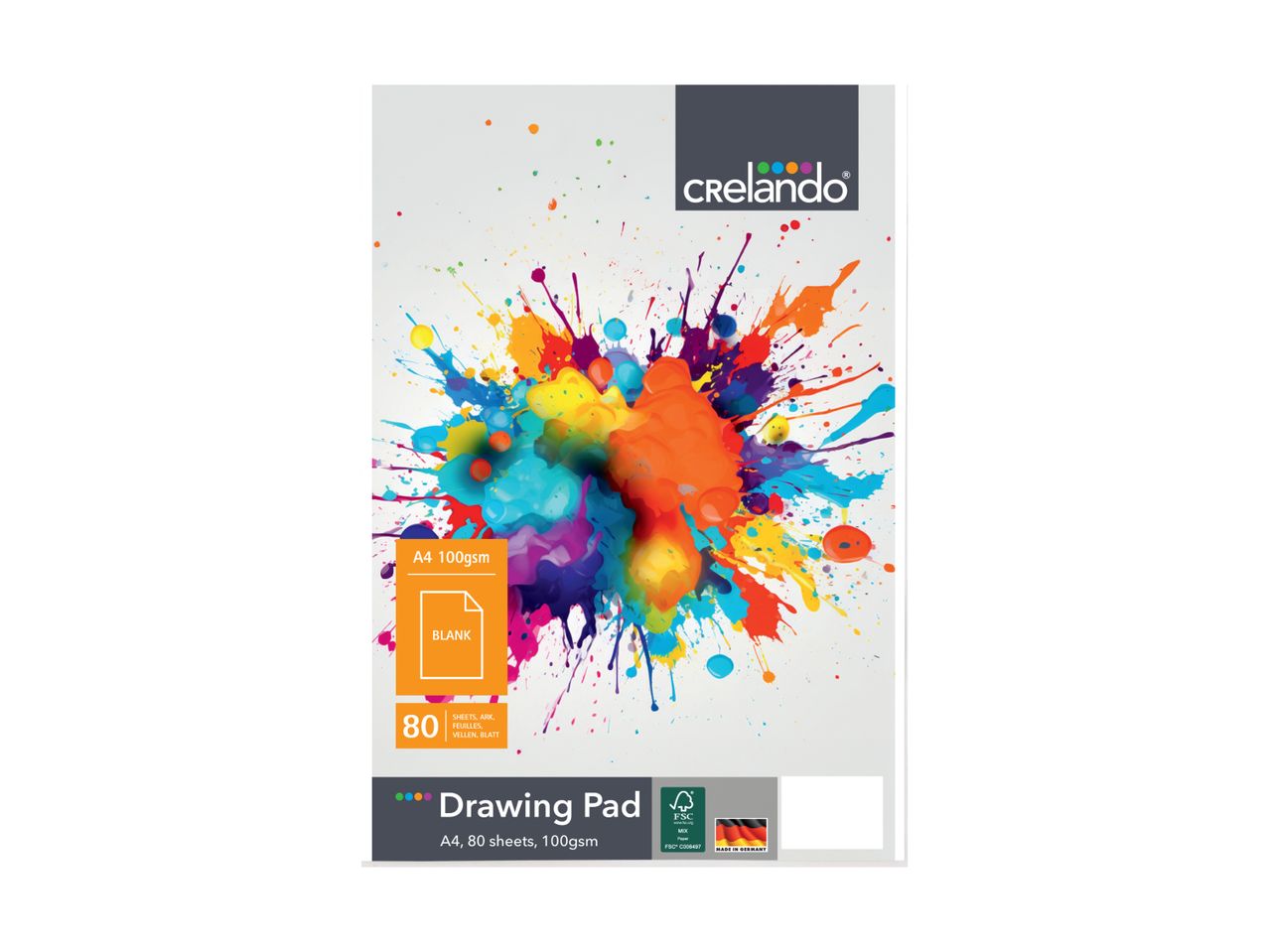 Camlin Drawing Pad with colorful paint splash design.