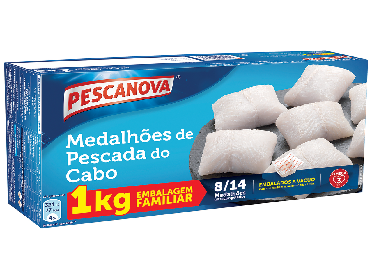 Embalagem familiar de 1kg de medalhões de pescada do Cabo Pescanova, ultracongelados e embalados a vácuo.