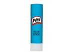 Blue glue stick with a white base and a red and white logo.