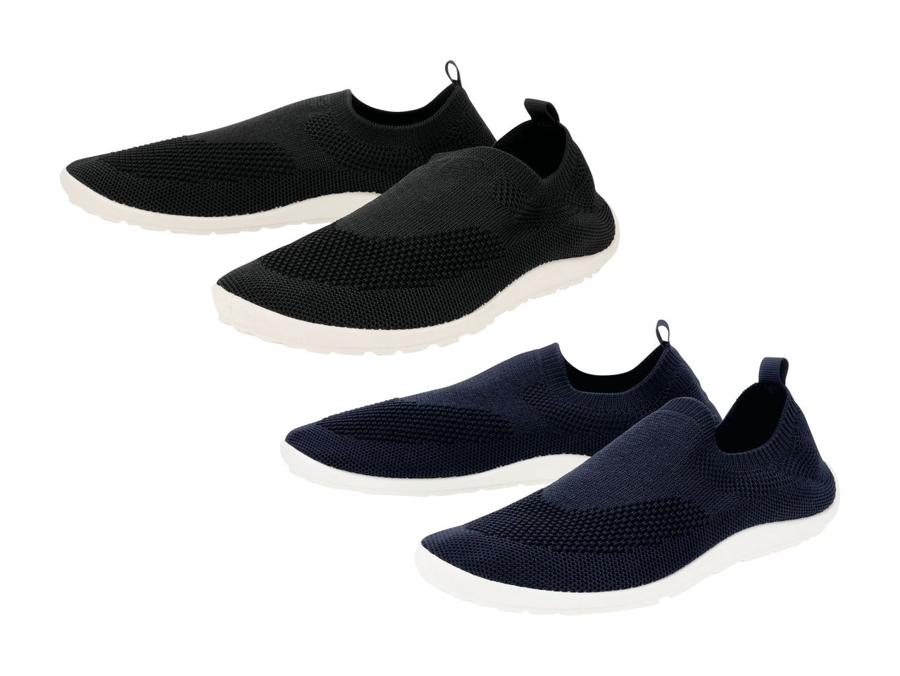 To par sorte og mørkeblå slip-on sneakers med hvide såler.