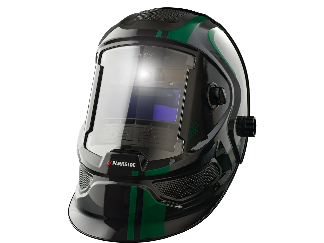 PARKSIDE® Automatic Welding Helmet, black and green with a clear visor