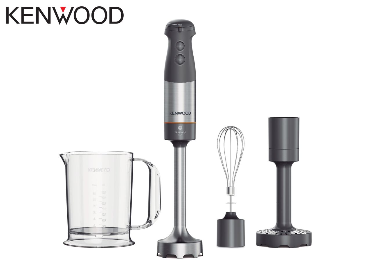 Hand blender with whisk and masher attachments, and a measuring jug.