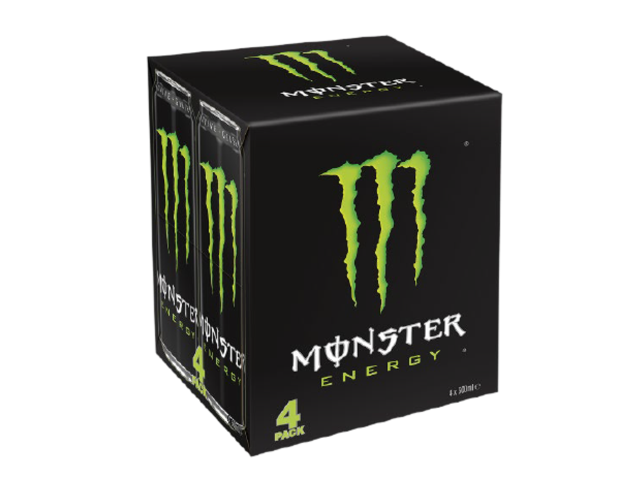Embalagem de 4 bebidas energéticas pretas com logótipo verde.