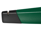 Ferramenta de afiar facas verde e preta com detalhes texturizados.