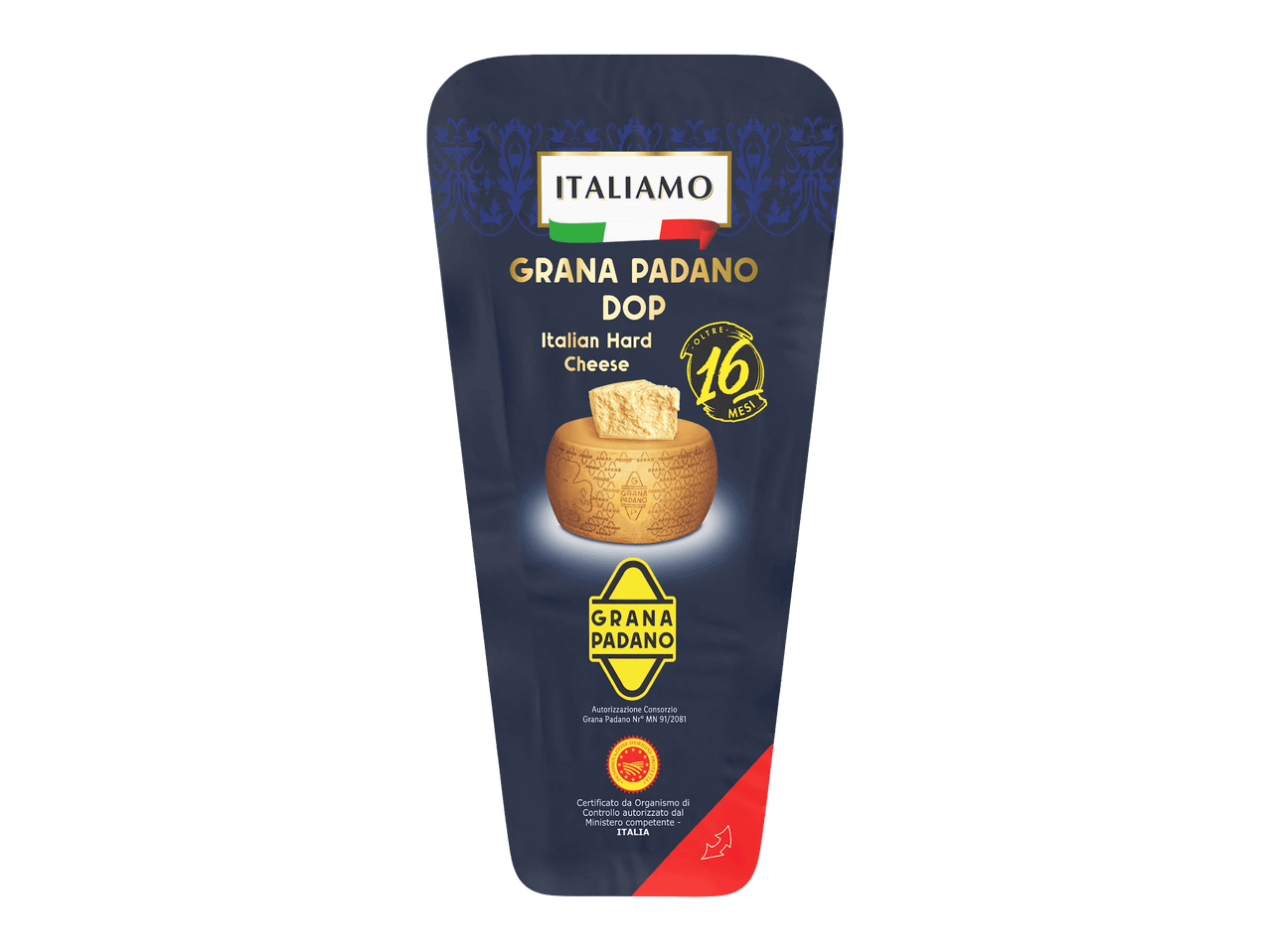 Yli 16 kuukautta kypsytetty italialainen Grana Padano DOP -kovajuusto.