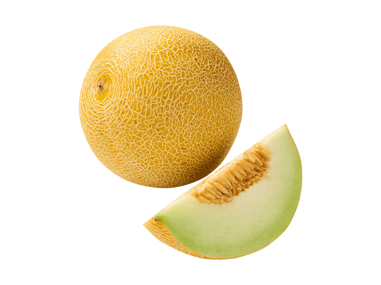Melon entier et une tranche de melon avec des graines sur fond noir.