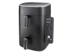 Black dual-basket air fryer with digital display and control panel