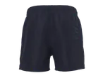 Calções de banho masculinos azul-escuros com cós elástico e bolso traseiro.