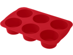 Црвени силиконски калуп за печење са шест округлих удубљења.