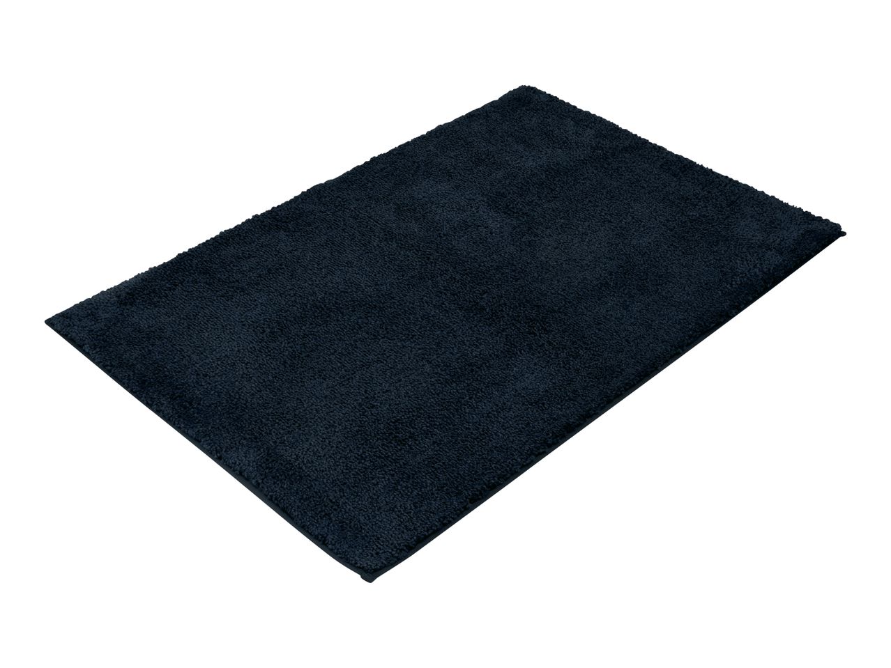 Dark blue rectangular bath mat with a textured surface, viewed from an angle.