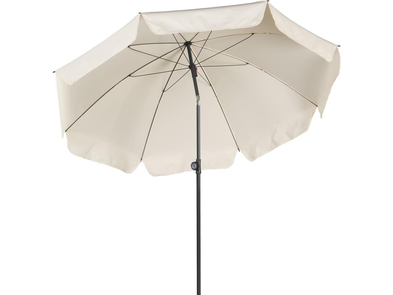 Guarda-sol LIVARNO creme com estrutura preta, aberto e visto por baixo.