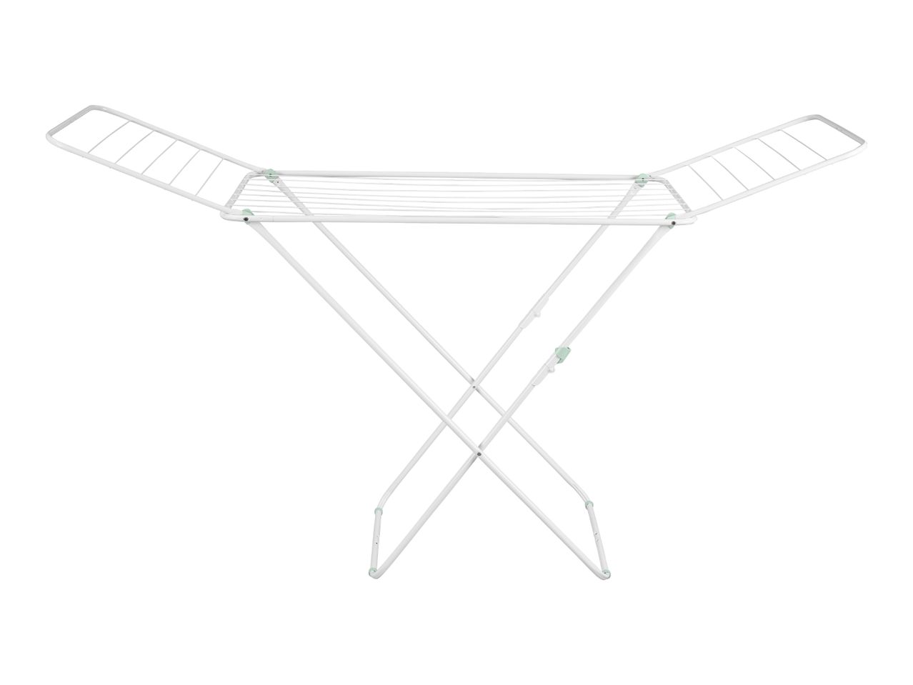 White clothes drying rack with light green accents, unfolded and ready for use.
