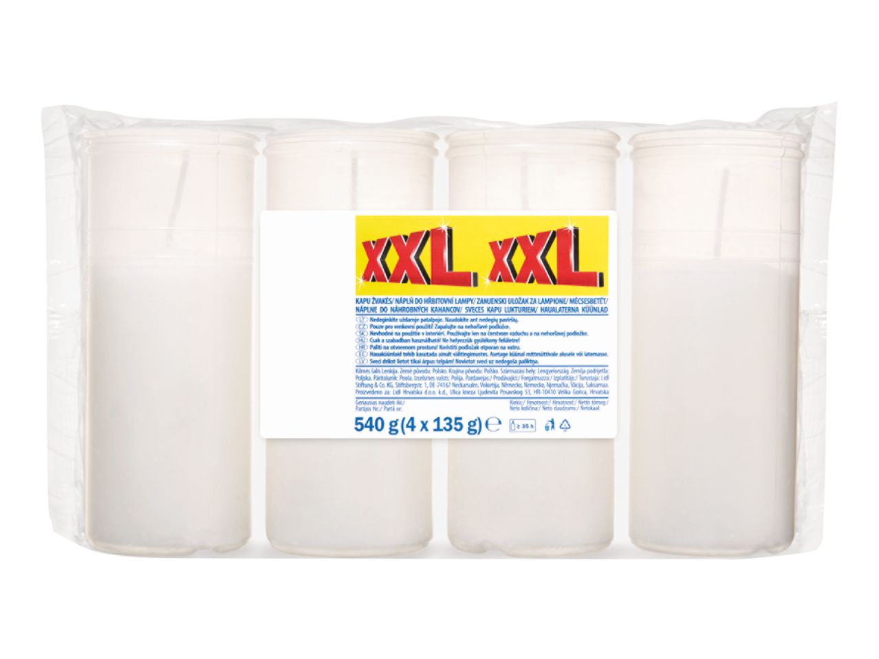 Neli valget XXL-suuruses hauaküünalt pakendis.