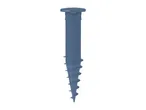 Blue plastic ground screw with a flat top and spiral threads.