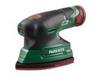A cordless orbital sander in black and green with red accents.
