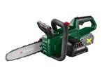 Cordless chainsaw with a green body, black handles, and a silver bar, shown without a battery.