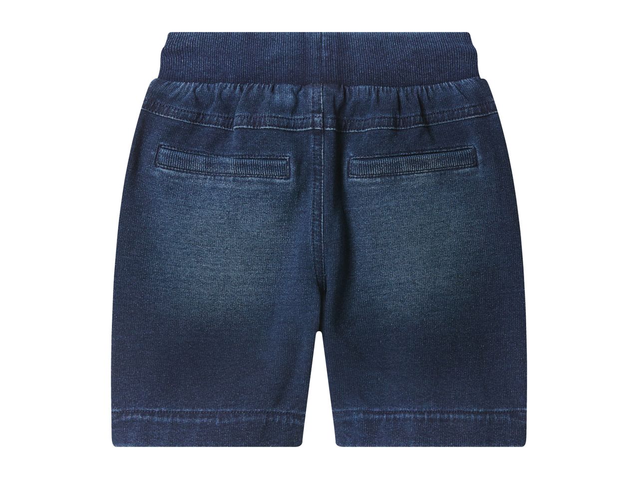 Dark blue denim shorts with an elasticated ribbed waistband and two back pockets.