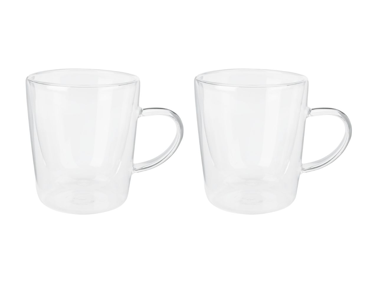 Two clear glass mugs with handles, suitable for hot or cold beverages.