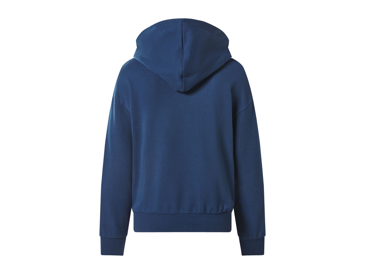 Back view of a plain navy blue hooded sweatshirt with ribbed cuffs and hem.