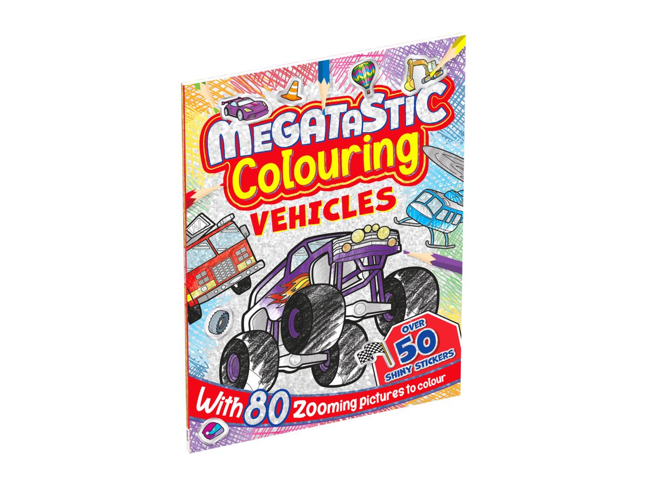 MegaStic Colouring Vehicles activity book featuring 80 pages of vehicle illustrations.