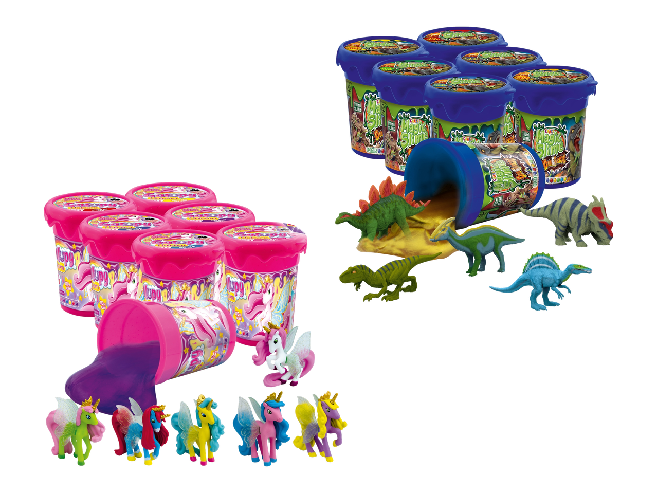 Kaksi settiä leluja: toisessa on yksisarvisia ja violettia limaa, toisessa dinosauruksia ja vihreää limaa.