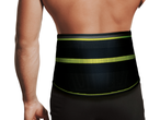 Black back support belt with neon green accents.