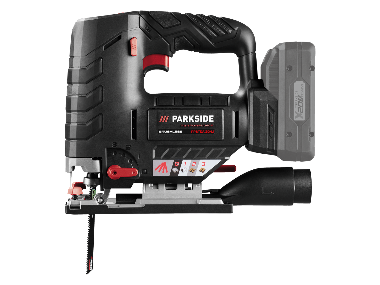PARKSIDE PERFORMANCE PPSTDA 20-Li bezvadu figūrzāģis ar X 20V TEAM akumulatoru.