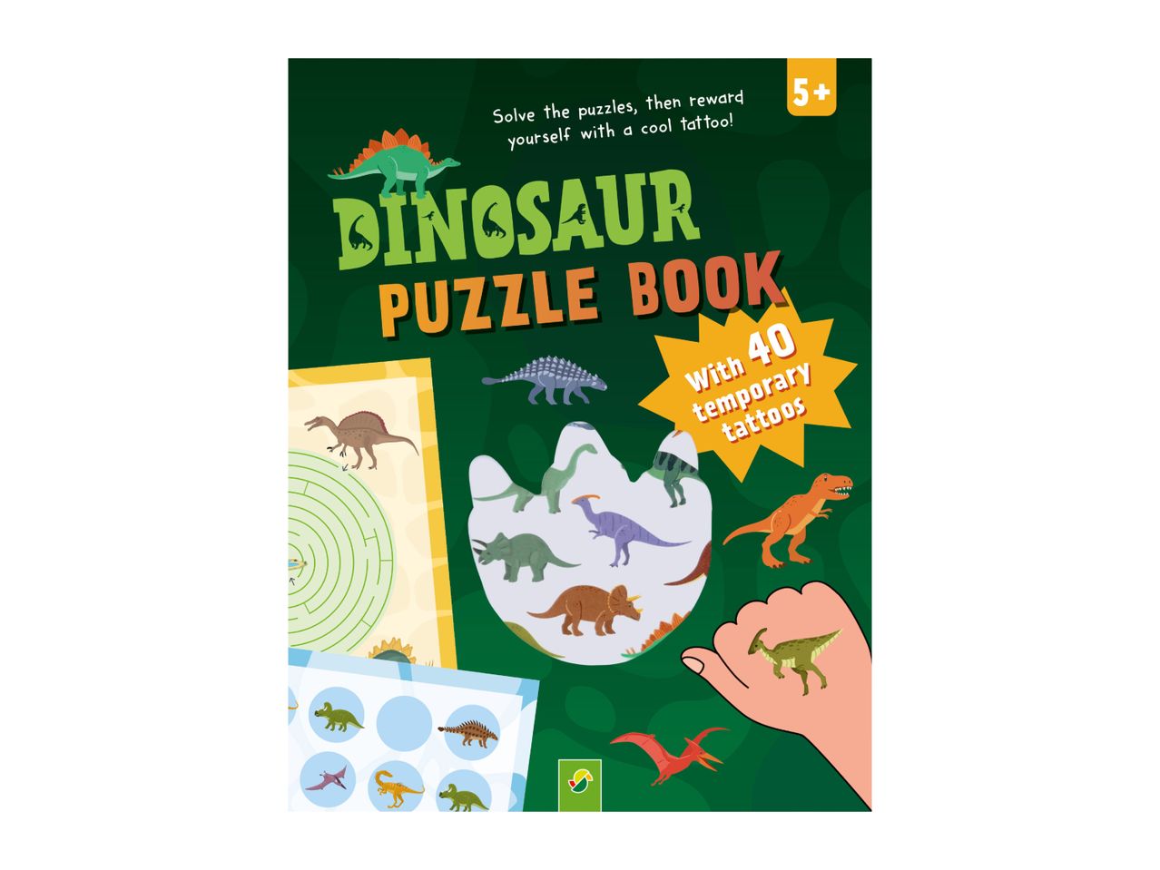 Dinosaur puzzle book with 40 temporary tattoos, featuring various dinosaur illustrations.