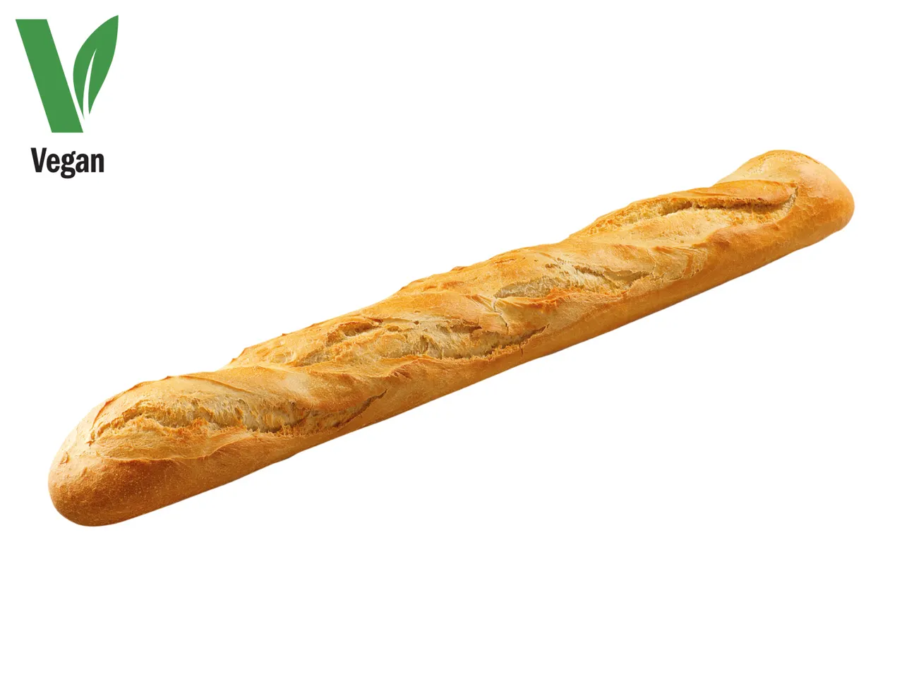 A golden-brown baguette with a green vegan logo in the top left corner.