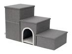 Three-step grey fabric pet stairs with a built-in cat cave