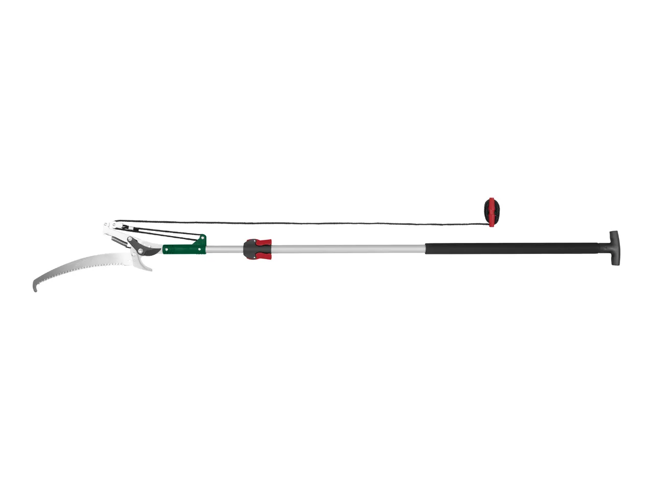A long-handled pole saw and pruner with a rope mechanism.