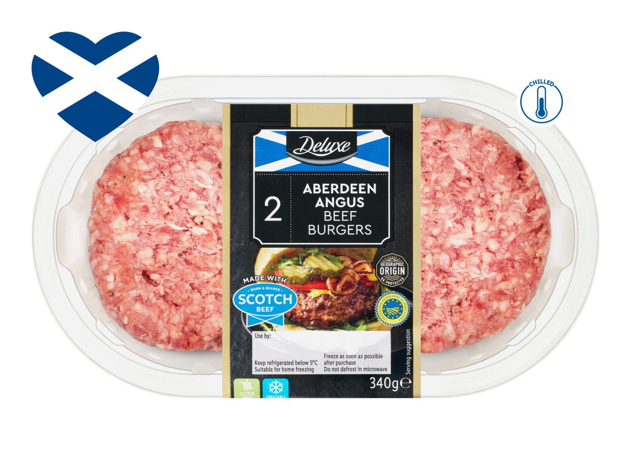 Two Aberdeen Angus beef burgers in packaging, with a Scottish flag heart and 'chilled' icon.