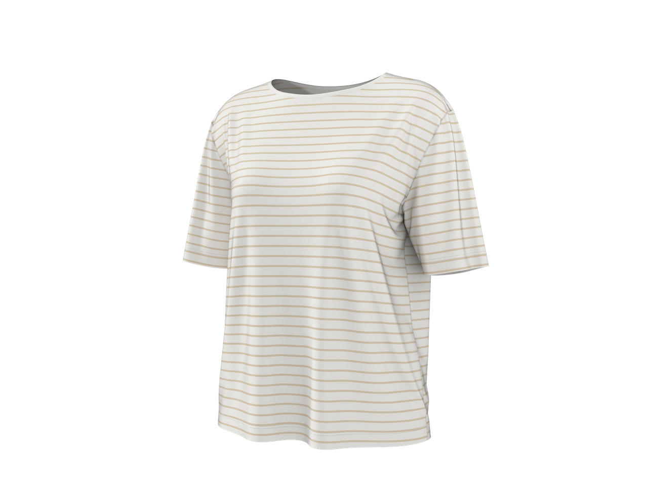 Moteriški marškinėliai trumpomis rankovėmis su smėlio ir baltomis juostelėmis.