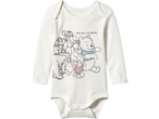 White long-sleeve baby bodysuit with Winnie the Pooh, Tigger, Eeyore, and Piglet graphic.