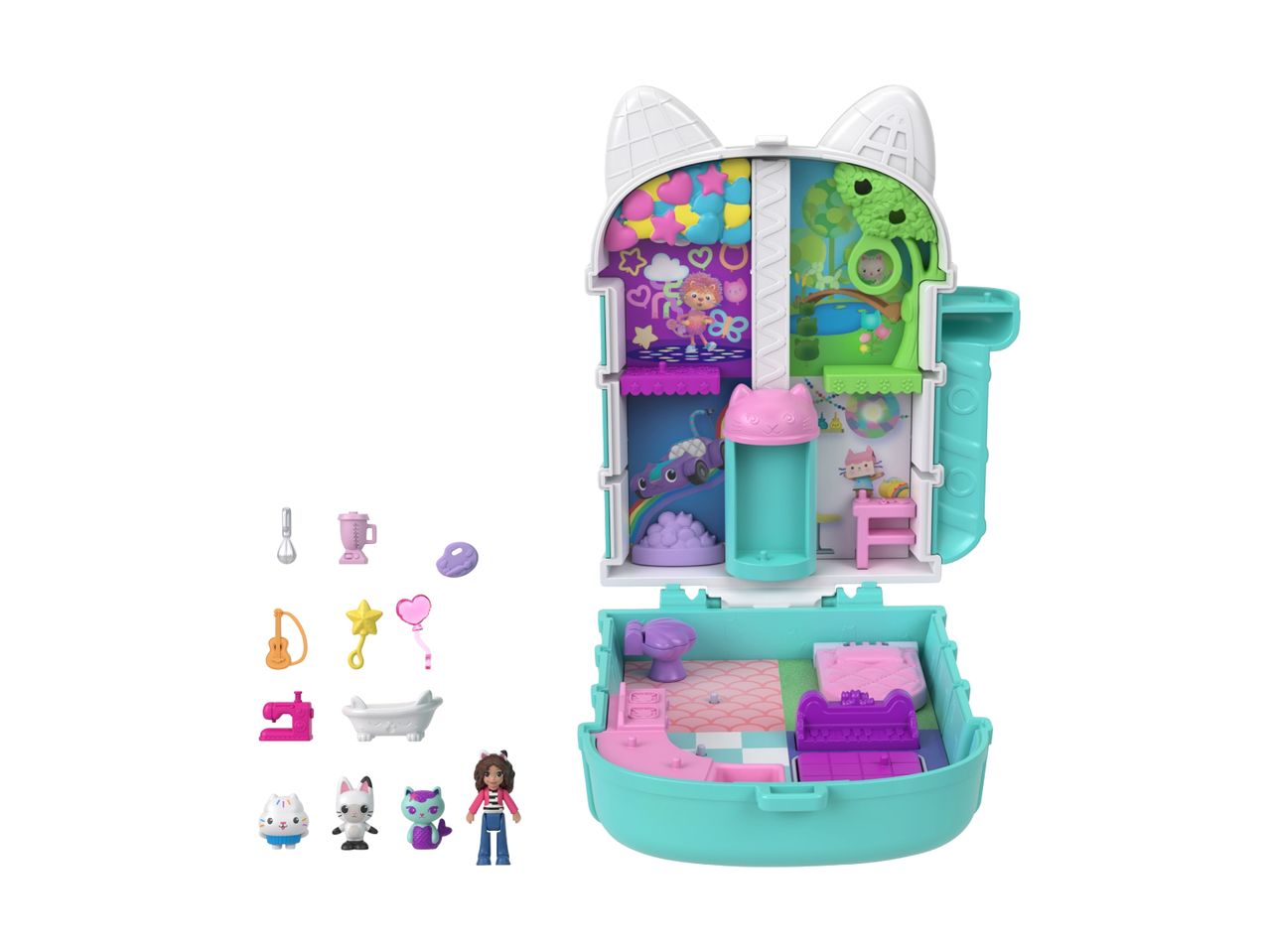 A Gabby's Dollhouse playset shaped like a cat's head, with various accessories and figures.