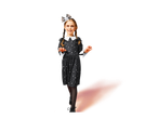 A young girl in a black dress with a white collar and skull headband, posing for Halloween.