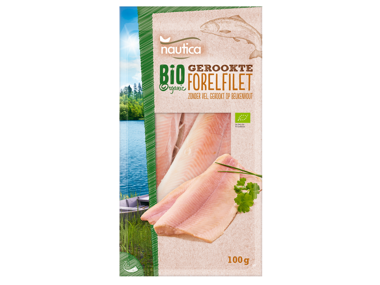 Nautica biologische gerookte forelfilet, zonder vel en gerookt op beukenhout, 100g.