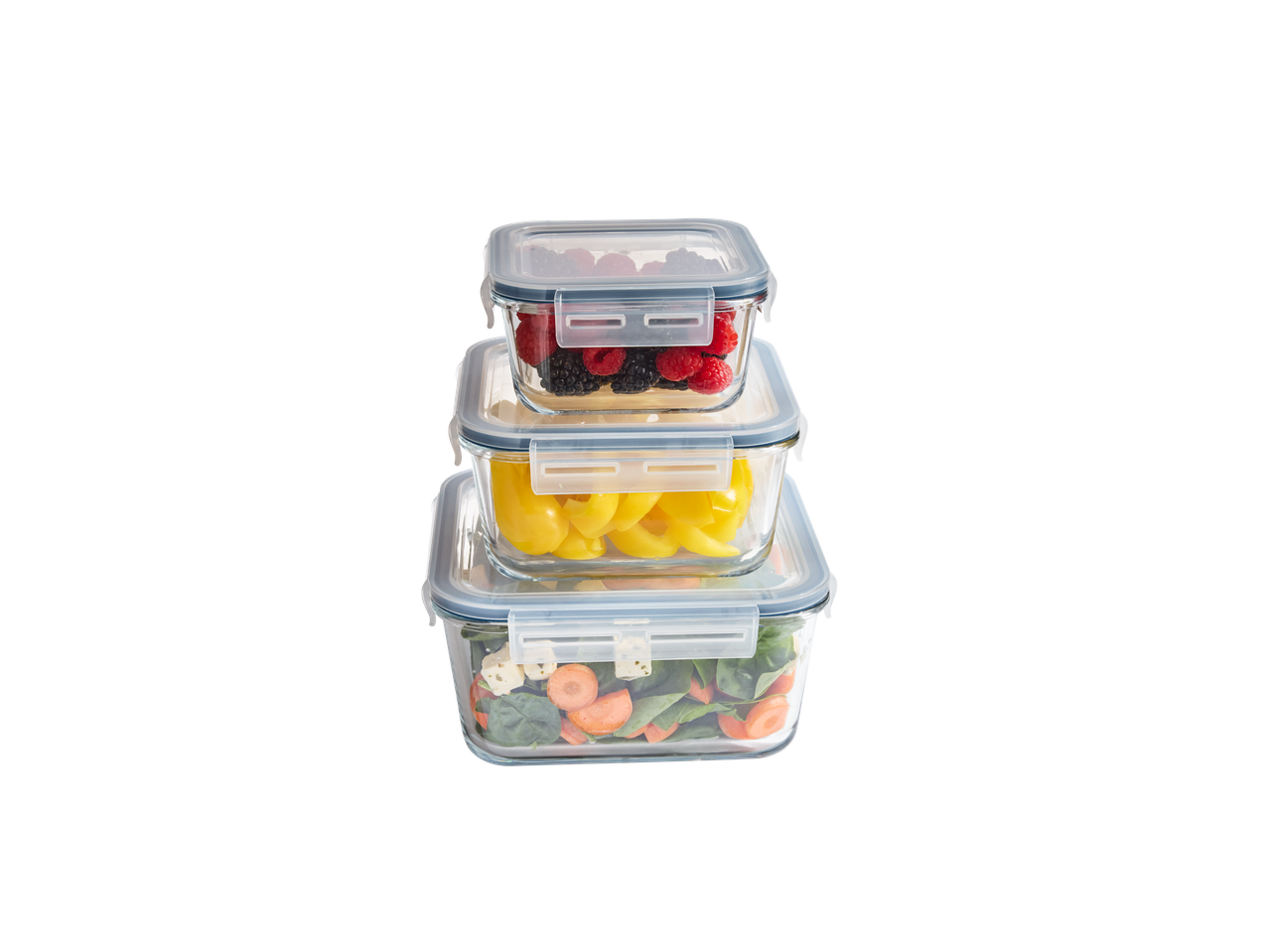 SILVERCREST® Glass Food Storage Containers stacked with berries, bell peppers, and salad.