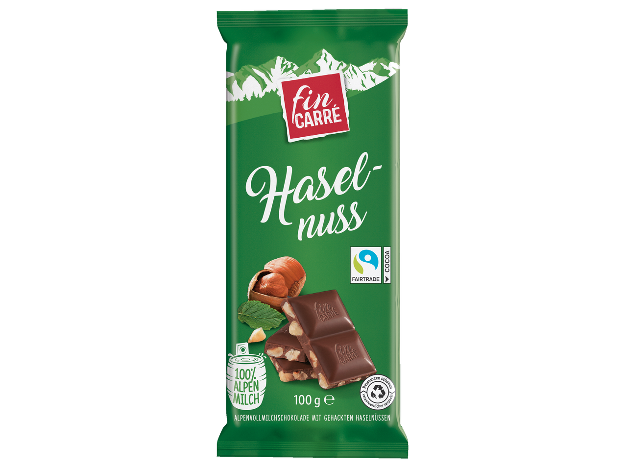 Fin Carre Haselnuss: Alpenvollmilchschokolade mit gehackten Haselnüssen, Fairtrade-Kakao.