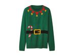Green Christmas elf jumper with red and yellow bells, a black belt, and a candy cane.