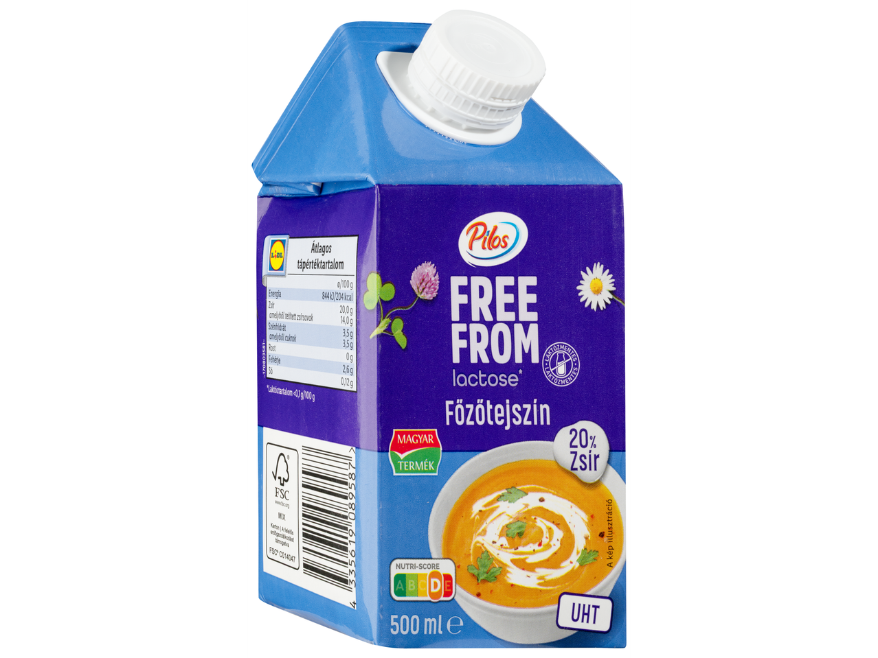 Pilos laktózmentes főzőtejszín 20% zsírtartalommal, 500 ml-es doboz tápértékkel és Nutri-Score jelöléssel.