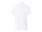 Back view of a plain white short-sleeved polo shirt with a collar.