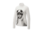 Weißes Langarmshirt mit Reißverschluss und einem Schwarz-Weiß-Druck einer Frau mit Skibrille